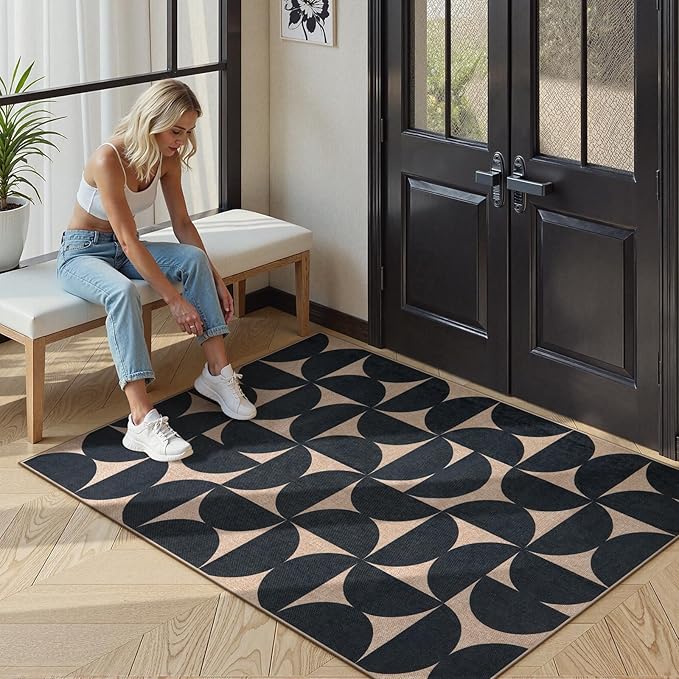 Lahome Modern Geometric Easy Jute Entryway Rug 3x5, Indoor Outdoor Washable Rug for Living Room, Neutral Semi-Circle Black Carpet for Dining Room Patio Front Door