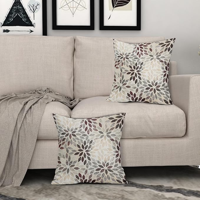 Burgundy Red Dahlia Throw Pillow Covers 22x22 Inch Rustic Rust Geometric Flower Decorative Square Pillow Cases Beige Tan Gray Floral Cushion Covers Farmhouse Home Decor For Sofa Couch Outdoor Set of 2