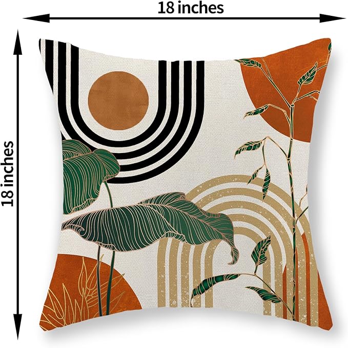 Boho Orange Pillow Covers 18x18 Set of 2 Green Gold Leaf Tropical Mid Century Throw Pillows Outdoor Bohemian Modern Decorative Pillowcase Farmhouse Linen Cushion Case for Couch Sofa Decor