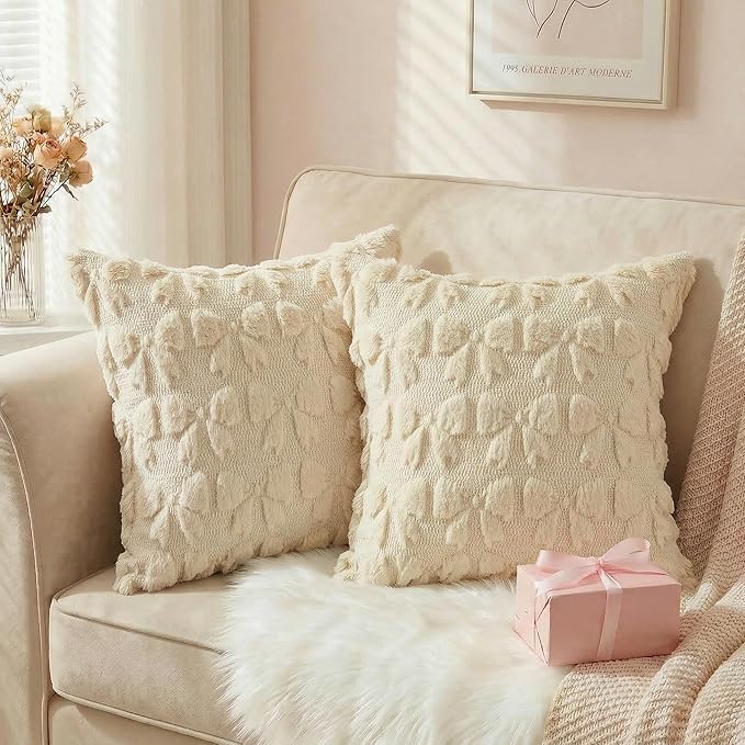 AVOIN colorlife Beige Spring Bow Throw Pillow Covers Set of 2, 18 x 18 Inch Coquette Aesthetic Room Decor Soft Plush Faux Fur Cushion Case for Girls Room