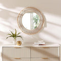 Jade Round Boho Wall Mirror with Natural Rattan Frame and Handwoven Macrame Fringe – Hanging Accent Mirror for Bathroom, Bedroom, or Nursery