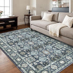 Washable 6×9 Area Rug for Living Room, Vintage Floral Rug Soft Non Slip Stain Resistant Boho Carpet for Indoor Bedroom Dinning Room Home Office Blue/Navy