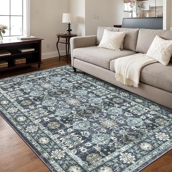 Washable 8×10 Area Rug for Living Room, Vintage Floral Rug Soft Non Slip Stain Resistant Boho Carpet for Indoor Bedroom Dinning Room Home Office Blue/Navy