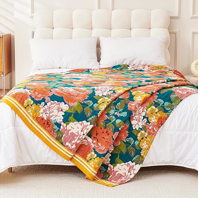 Boho Throw Blanket, 100% Organic Cotton Breathable Ultra Soft 60" x 80" Bed Quilt Throw - All Season Floral Rustic Farmhouse Decor Luxury Reversible Blanket for Sofa Couch Chair and Gift
