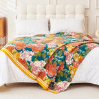 Boho Throw Blanket, 100% Organic Cotton Breathable Ultra Soft 80" x 90" Bed Quilt Throw - All Season Floral Rustic Farmhouse Decor Luxury Reversible Blanket for Sofa Couch Chair and Gift