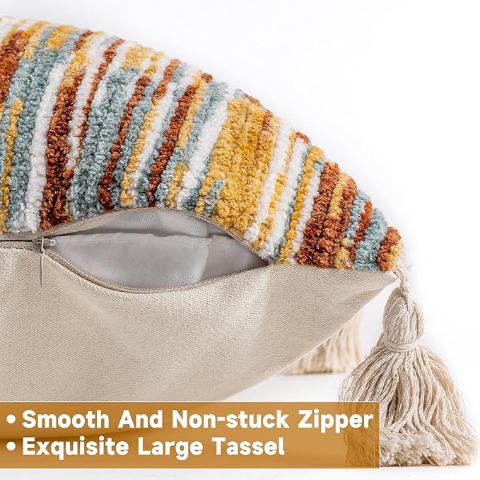 AmHoo Boho Throw Pillow Covers Set of 2 Decorative Bohemian Woven Tufted Striped Farmhouse with Tassels Textured Cushion Case Pillowcase Neutral for Sofa Couch Bed 18 x 18-Inch Brown