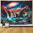 Lahasbja Blacklight Galaxy Panet Tapestry UV Reactive Waterfall Landscape Wall Decor Fantasy Mountain Wave Wall Tapestry Mysterious Neon Plants Wall Hanging for Room