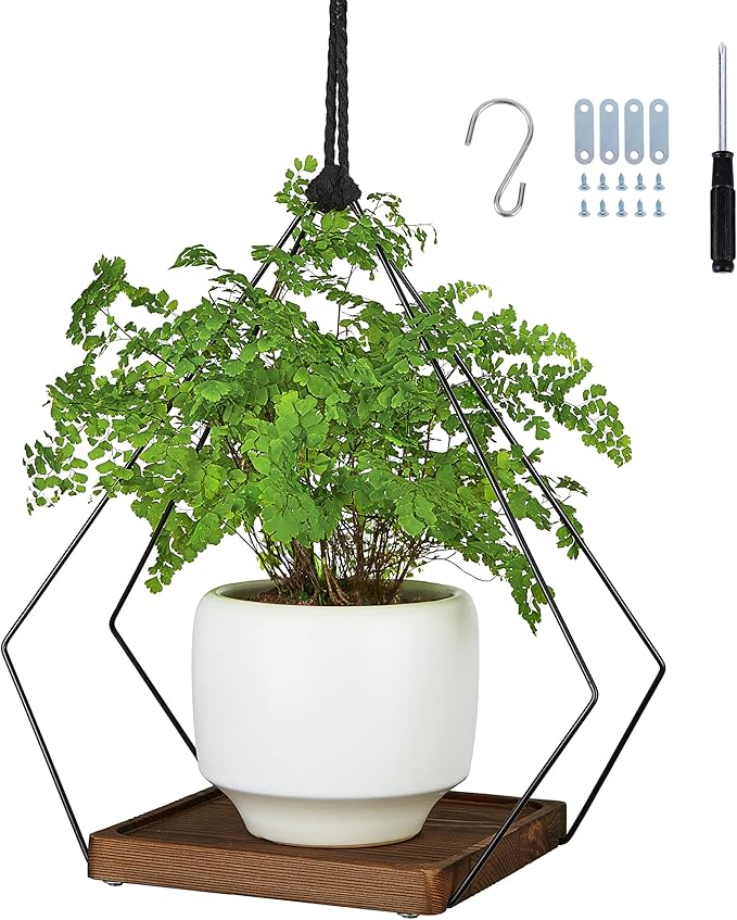 FIOBEE Hanging Planters for Indoor Plants Large Metal Plant Hanger Stand with Wood Base Wall Planter Holder for Window Wall Ceiling Home Decor Accessories (Plants/Pots Not Included), 1 Pack