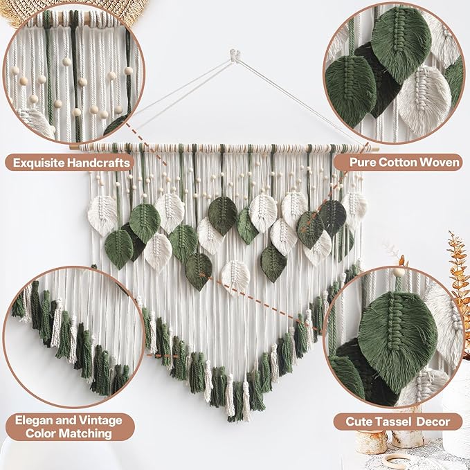 lokeisna Macrame Wall Hanging, Woven Tapestry Beige & Dusty Rose Handmade Craft Macrame Wall Decor, Gallery & Nursery, White Green