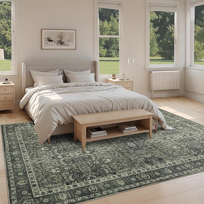 8x10 Vintage Washable Area Rug for Living Room,Low Pile Non Slip Carpet Non-Shedding Large Area Rug Soft Indoor Stain Resistant Rug Floral Print Mat for Bedroom Dining Room Green Floral