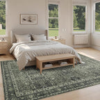 8x10 Vintage Washable Area Rug for Living Room,Low Pile Non Slip Carpet Non-Shedding Large Area Rug Soft Indoor Stain Resistant Rug Floral Print Mat for Bedroom Dining Room Green Floral