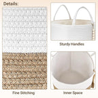 Mkono Woven Storage Basket Decorative Natural Rope Basket Wooden Bead Decoration for Blankets,Toys,Clothes,Shoes,Plant Organizer Bin with Handles Living Room Home, 16" Wx13.8 L, Cream White and Brown