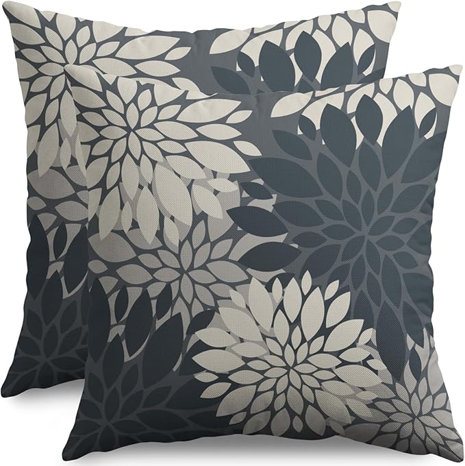 Dusty Blue Cream Grey Gray Pillow Covers 20X20 Inch Set of 2, Modern Dahlia Floral Print Decorative Throw Pillow Covers Outdoor Farmhouse Cushion Case for Home Couch Sofa Bed Decoration