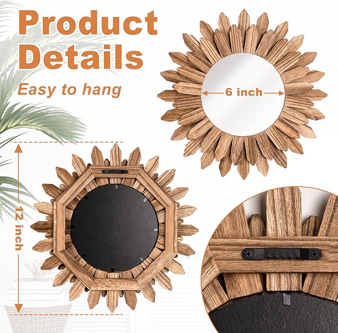 Emfogo Wall Mirror 12 inch Rustic Wood Sunburst Boho Mirror Wall Decor Home Decor for Bedroom Living Room Entryway Farmhouse (Carbonized Black)