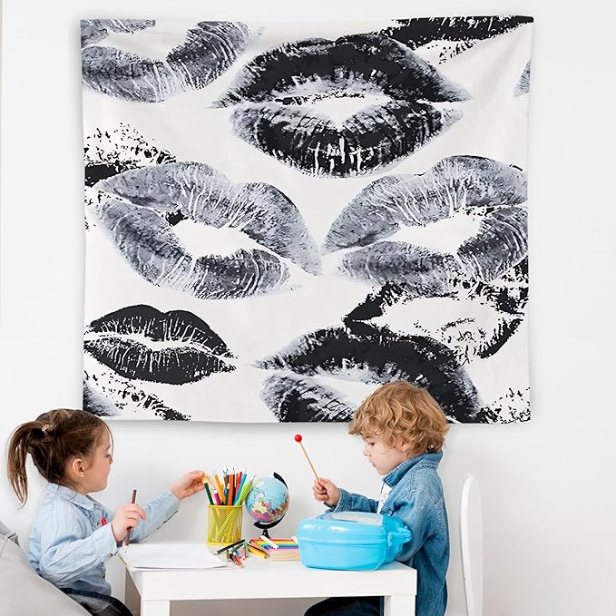 WNAGT Trendy Black and White Kiss Lips Tapestry Wall Hanging, Funky Makeup Wall Decor, Fashion Aesthetic Wall Blanket Decor for Girls Room College Dorm Makeup Room Beauty Room, 50x60 Inch