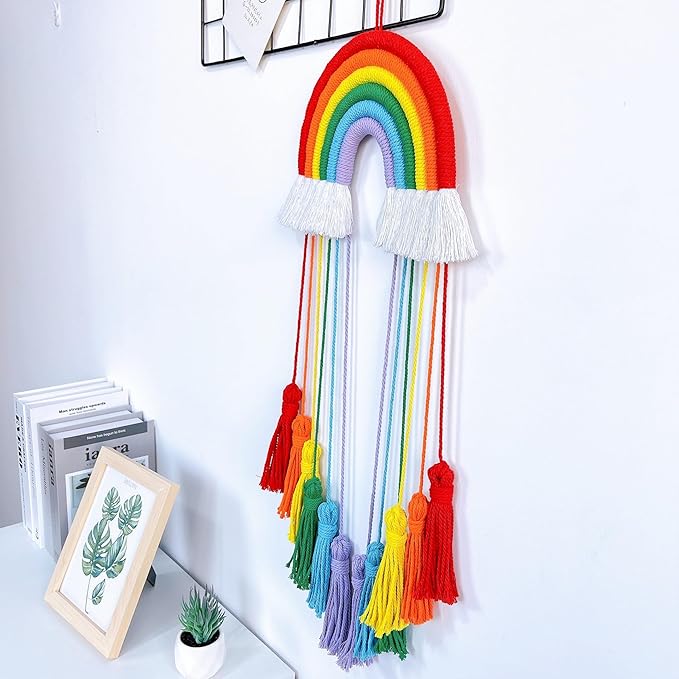 Rainbow Macrame Wall Hanging - Hand-Woven Cotton Tassel Tapestry Decor for Baby Room, Nursery, and Home Decor (Red Rainbow)