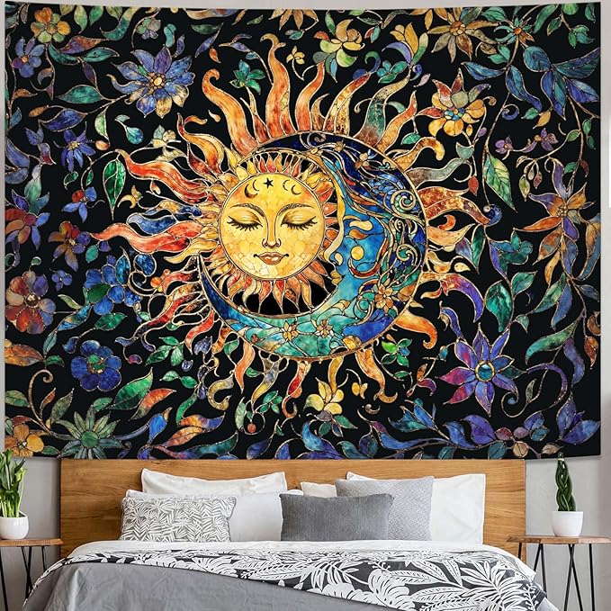 Aipon Sun and Moon Tapestry for Bedroom Boho Hippie Floral Wall Tapestry Aesthetic Vintage Stained Glass Plant Extra Large Tapestries Wall Hanging for Living Room Dorm 90 x 68 Inch