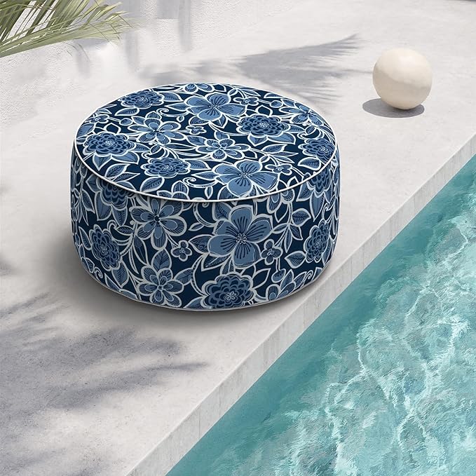 Indoor/Outdoor Inflatable Ottoman, All Weather Ottoman Pouf D31 x H14 inch, Round Foot Rest Ottomans, Portable Footstool for Patio, Garden, Porch, Home,Flower Navy