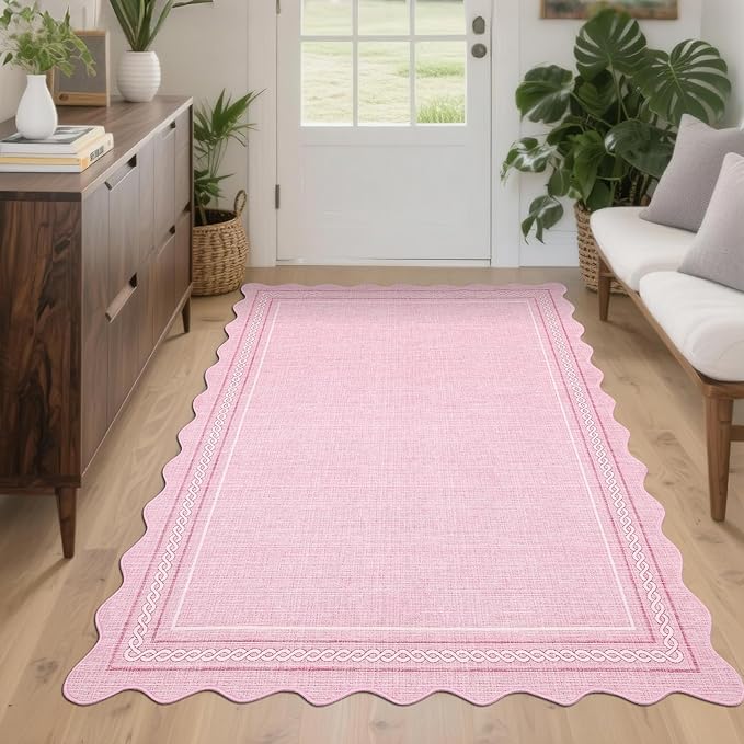 Garvee Scalloped Washable Rugs 4x6 Area Rug for Living Room Boho Non Slip Entryway Rug Modern Soft Non Shedding Bedroom Rug Low Pile Stain Resistant Carpet for Office Nursery Classroom 4'x6' Pink