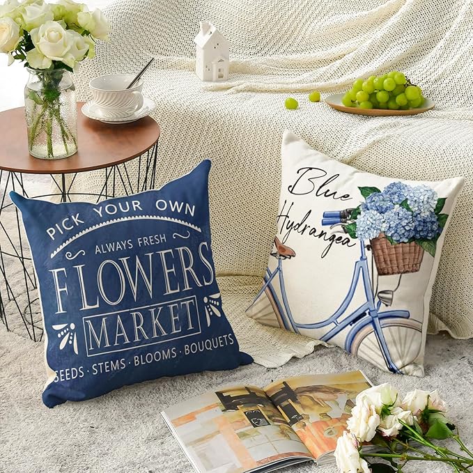 AVOIN colorlife Hello Love Blue Hydrangea Bicycle Throw Pillow Covers, 20 x 20 Inch Flowers Summer Spring Mother's Day Cushion Case for Sofa Couch Set of 4