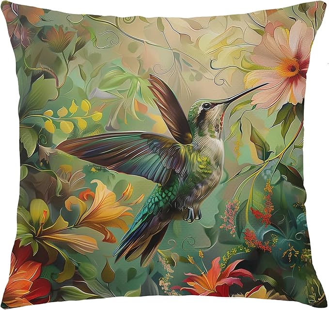 Vintage William Morris Hummingbird Pillow Cover 18x18,Rustic Green Hummingbird Bird Animal Floral Botanical Print Decorative Throw Pillow Covers for Home Bedroom Living Room