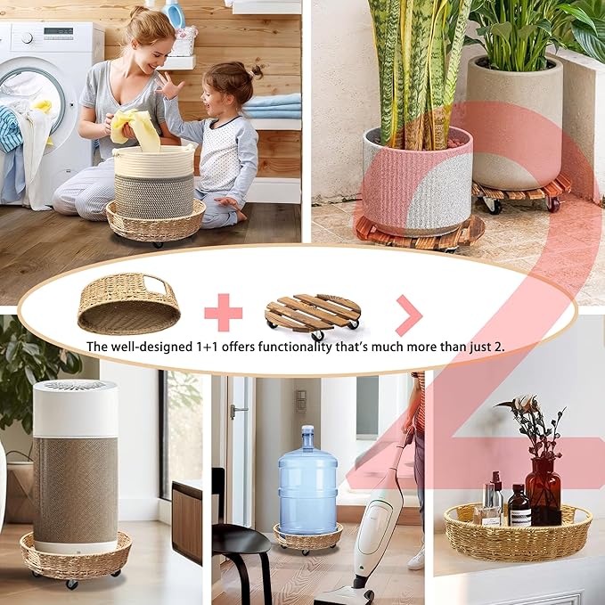 Outdoor Rattan Plant Stand Round Trays Planter Caddy with Wheels, Indoor Wooden Flower pots Table Decor Wicker Basket (Paper Rope)