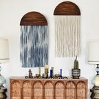 2 Pcs Tie-dye Macrame Wall Hanging Boho Home Decor, Blue White Yarn Tassel Wall Art with Modern Wood Frame, Semicircle Design 13.7" W x 30" L Perfect for Living Room Bedroom Headboard Decoration