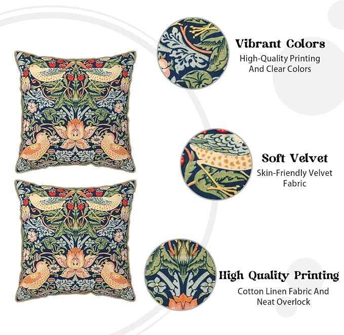 KSLIDS Navy Blue Sage Green Soft Velvet Throw Pillow Covers Set of 2 Red Strawberry Floral Bird Decorative Pillow Covers 20x20 Inch Vintage Chinoiserie Pillow Case for Sofa Couch Farmhouse Home Decor