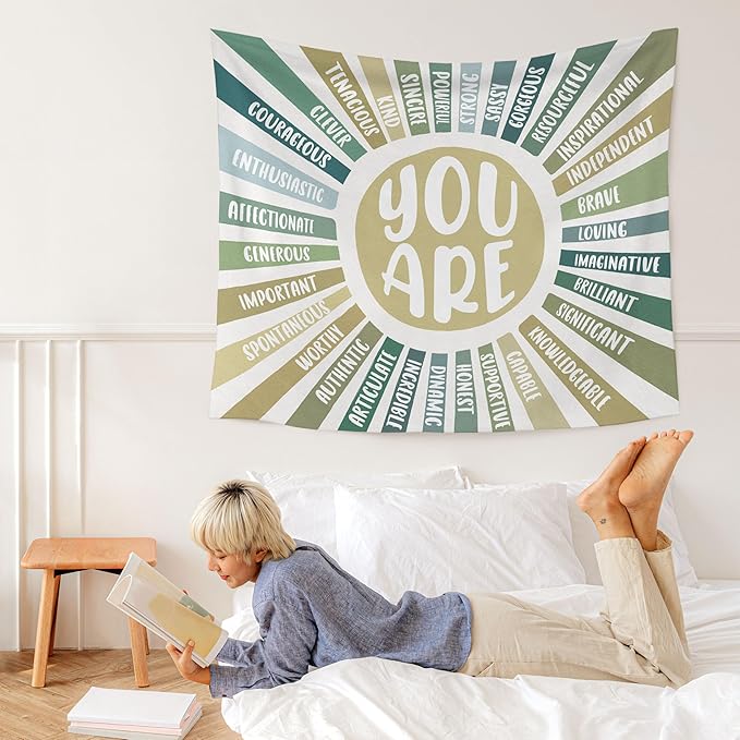 WARDOS Boho Green Sunshine Tapestry, You Are Inspirational Tapestry Wall Hanging, Colorful Boho Sun Positive Affirmation Wall Blanket Decor for Kids Room Nursery Playroom Classroom, 50x60 Inch