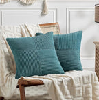 Fancy Homi 2 Packs Teal Samll Decorative Throw Pillow Covers 14x14 Inch with for Couch Bed Sofa, Rustic Farmhouse Boho Home Decor, Soft Corss Patchwork Corduroy Square Cushion Case 35x35 cm