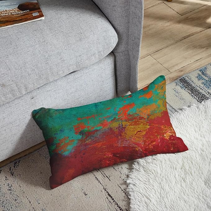 Britimes Throw Pillow Covers Modern Home Art Decor, 12 x 20 Inches Set of 2 Pillow Cases Decorative, Abstract Oil Painting Pillowcases for Bedroom, Living Room, Turquoise Orange