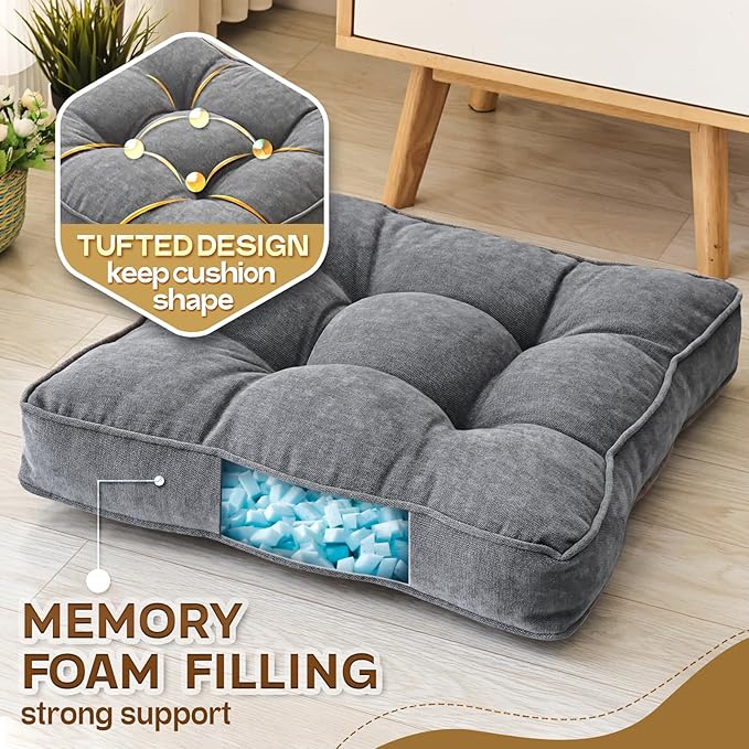 Floor Pillow Set of 2, Memory Foam Floor Cushions for Adults, Large Meditation Pillow for Sitting, 22 x 22 Inches (Square | Grey)
