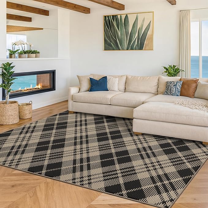 JTJ Vintage Easy Jute Rugs for Bedroom 5x7 - Diamond Patterned Woven Rug for Indoor Area, Living Room, Washable Low Pile Black and White Classic Decor