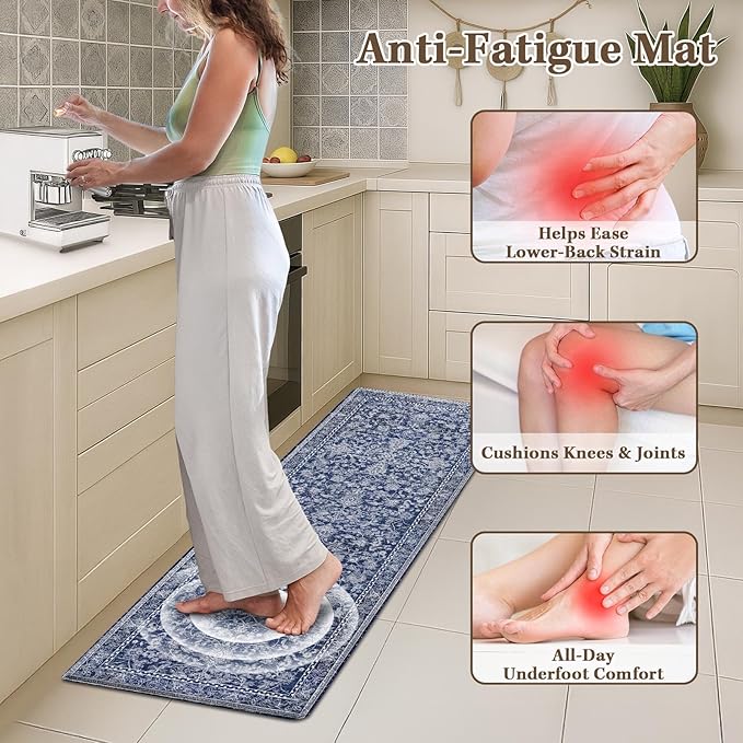 Arttown Kitchen Mats for Floor 2Pcs-Anti Fatigue Non Slip Mats for Kitchen Floor, Cushioned Waterproof & Stain-Resistant Boho Stripe Floral Mat Set, Laundry Room, Office, Sink, Desk (Blue)