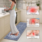 Arttown Kitchen Mats for Floor 2Pcs-Anti Fatigue Non Slip Mats for Kitchen Floor, Cushioned Waterproof & Stain-Resistant Boho Stripe Floral Mat Set, Laundry Room, Office, Sink, Desk (Blue)