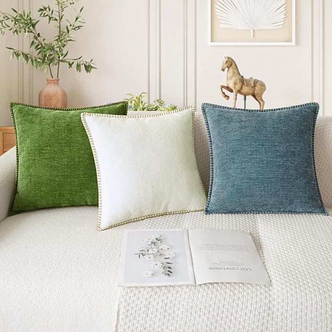 CaliTime Throw Pillow Covers Decorative 26 X 26 Inches Pack of 2 Cotton Thread Stitching Edges Solid Dyed Soft Chenille Cushion Cases for Couch Sofa Bed Living Room Farmhouse Forest Green