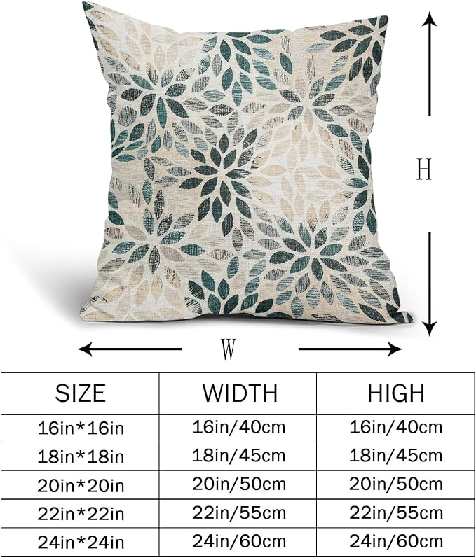 Kawani Teal Dahlia Throw Pillow Covers 18x18 Inch Turquoise Geometric Flower Decorative Square Pillow Cases Beige Tan Gray Floral Cushion Covers Farmhouse Home Decor for Sofa Couch Outdoor Set of 2