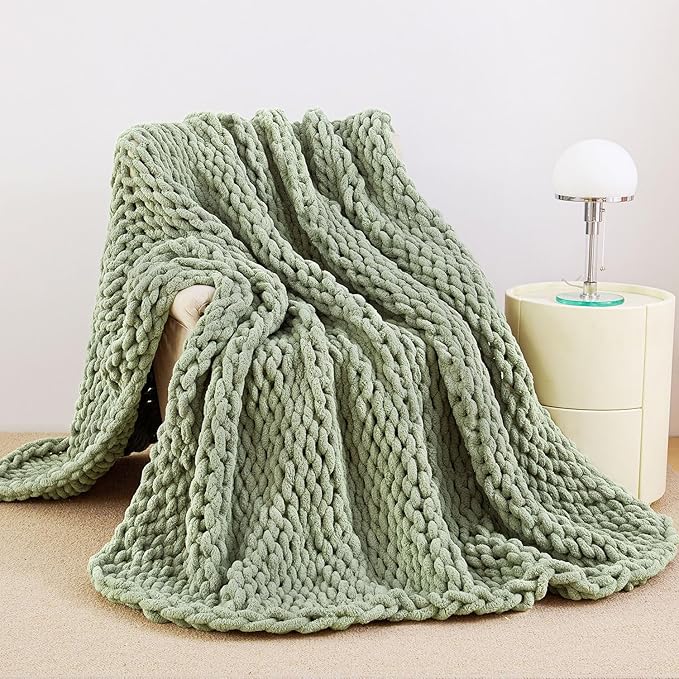 Admitrack Chunky Knit Blanket Throw, 100% Hand Knit Chenille Throw Blanket for Sofa & Home Decor, Soft and Cozy Knitted Throw Blankets (Sage Green, 60"x80")