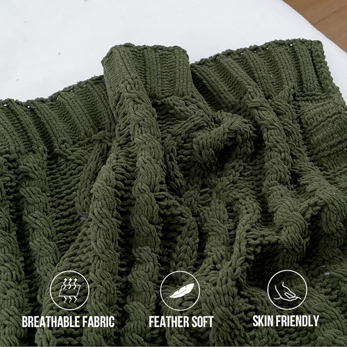 Battilo Olive Green Throw Blanket for Couch, Chunky Cable Knit Blanket, Woven Soft Cozy Chenille Throw Blanket for Bed, Sofa, Chair, Living Room, 51"x67"