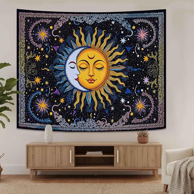 Spenlife Sun and Moon Tapestry, Celestial Couple Tapestries for Bedroom, Aesthetic Wall Decor, Starry Tapestries (90" x 70")