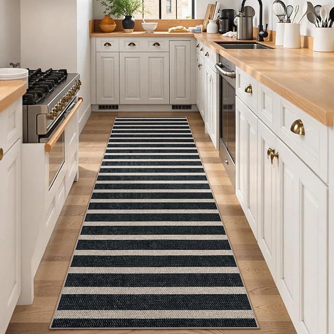 Lahome Elance Striped Easy Jute Runner Rug, 2x8 Kitchen Rug Non Slip Washable Outdoor Runner for Entryway Indoor, Farmhouse Black Indoor Outdoor Carpet for Hallway 8ft Entry