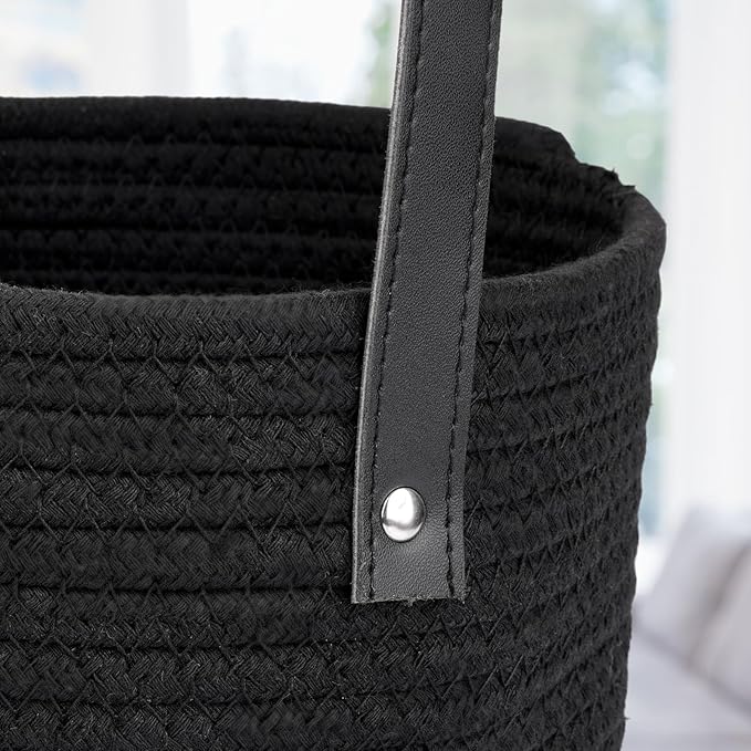 2 Pack Wall Hanging Rope Basket, Small Black Woven Hanging Basket Leather Handle, Black Cat Cotton Rope Wall Storage Basket for Plants Toys, Foldable Round Boho Decor (7.8x7inch)