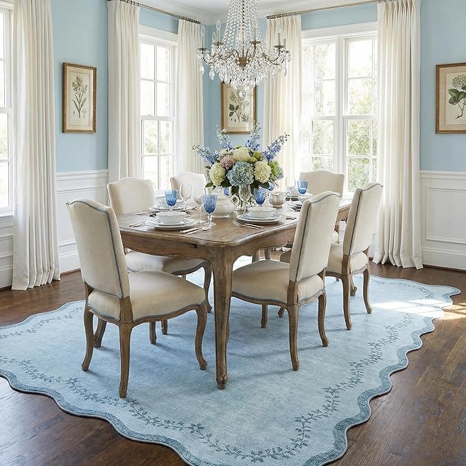 GarveeHome 5x7 Scalloped Area Rug Blue Washable Rugs for Living Room Bedroom, Soft Low Pile Non Slip Accent Floor Mat Solid Floral Print Throw Rug Farmhouse Indoor Carpet for Dorm Playroom