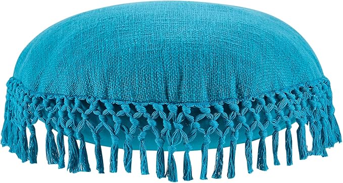 Indigo Ink - Decorative Throw Pillows for Couch or Bed, Boho Home Décor Round Cotton 20" x 20" Pillow with Tassels (Tufted Medallion Collection, Teal Blue)