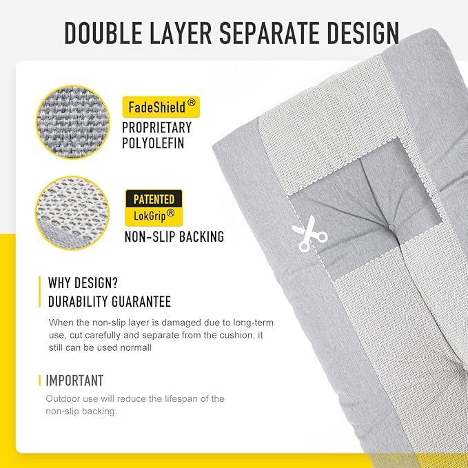 SUNROX LokGrip Non Slip Tufted Memory Foam Bench Cushion, FadeShield Water Resistant Durable Thicken Outdoor/Indoor Bench Seat Pads 54x16x4 inch, Heather Grey