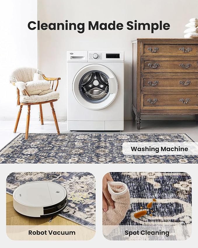 AMADA HOMEFURNISHING 6x9 Area Rugs, Blue Low-Profile Washable Rug with Non-Slip Backing & Durable Edge Binding, Vintage Rugs for Living Room, Bedroom, Dining Room