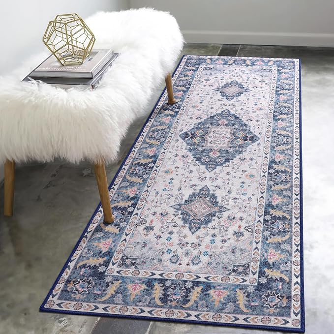 Amearea Vintage Design Runner Rugs for Living Room, 2x6 Machine Washable Floral Collection Traditional Bedroom Rug, Low Pile Cute Kids Room Print Carpet, No Slip Office Kitchen Home Decor, Blue