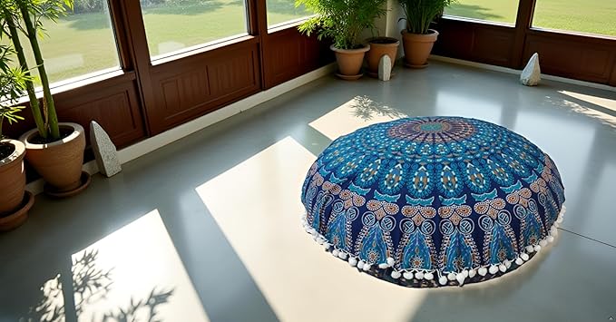 ICC Large Hippie Elephant Mandala Floor Pillow Cover - Cushion Cover - Pouf Cover Round Bohemian Yoga Decor Floor Cushion Case- 32" (Green Peacock)