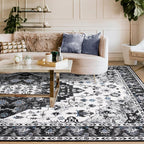 Amearea Vintage Design Area Rugs for Living Room, 8x10 Machine Washable Floral Collection Traditional Bedroom Rug, Low Pile Cute Kids Room Print Carpet, No Slip Office Kitchen Home Decor, Black