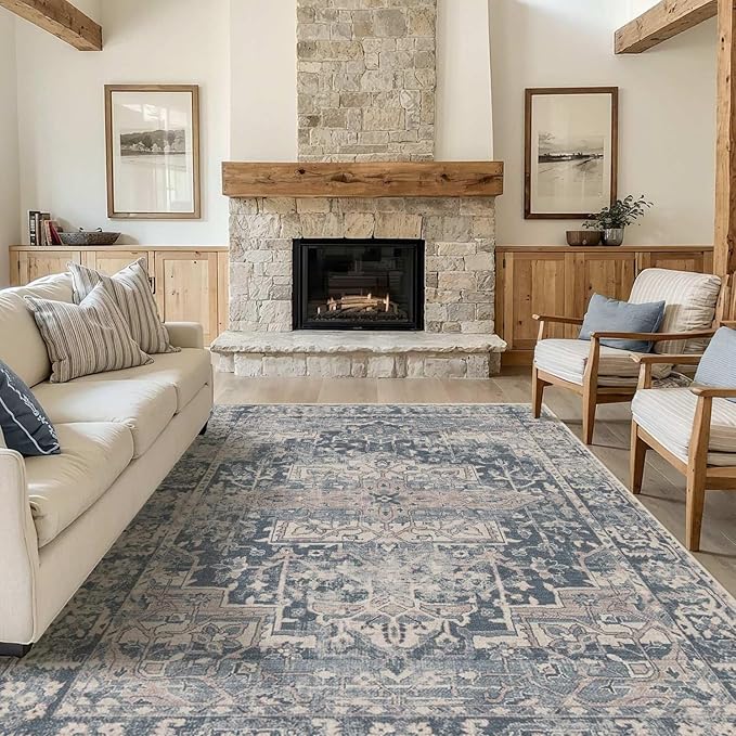 6x9 Area Rugs for Living Room Bedroom, Large Washable Rug, Blue Vintage Floral Boho Style, Non Slip & Low Pile Carpet for Indoor Dining Room, Dorm and Kids Room(Blue 6x9ft)